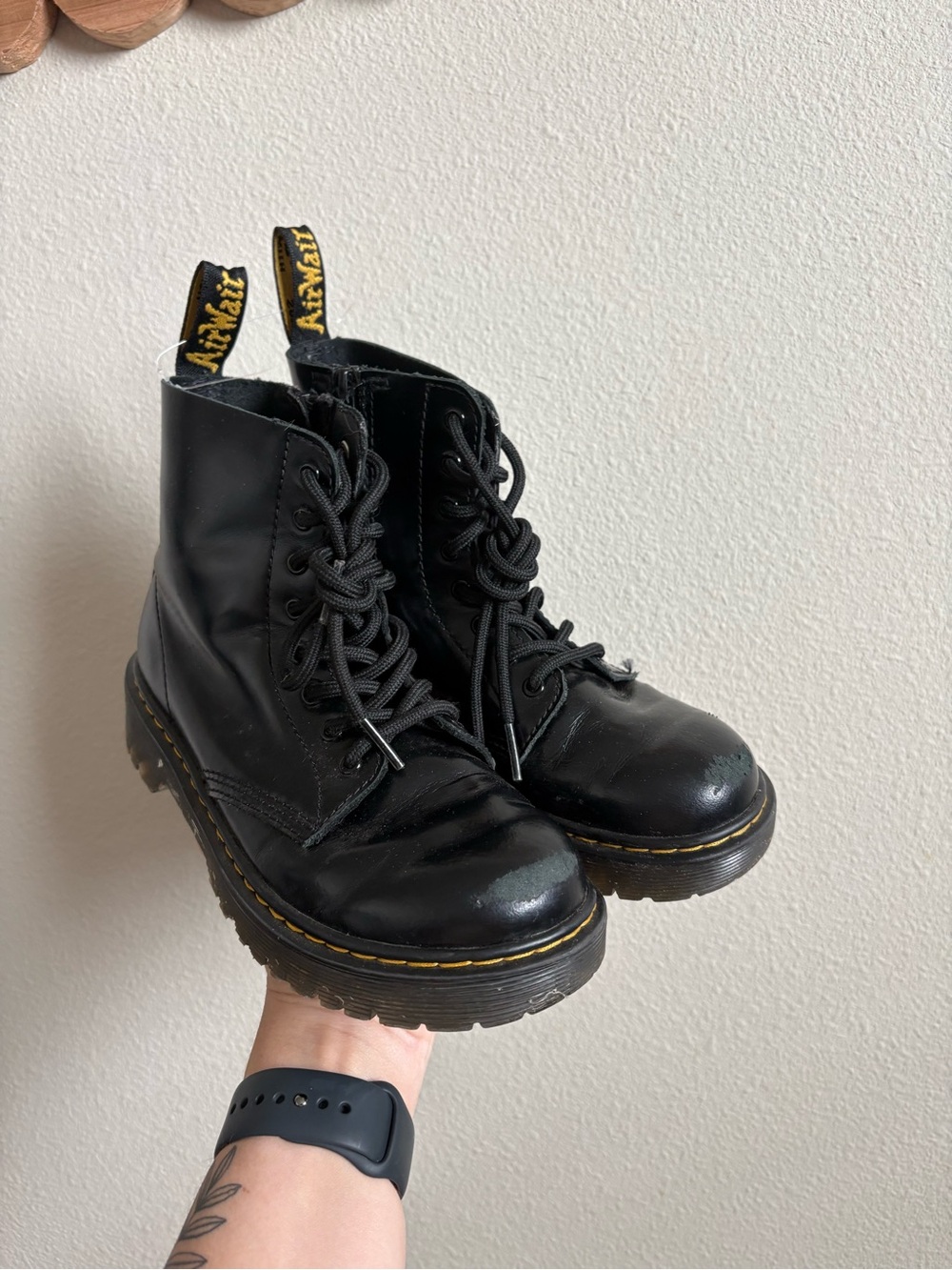 Dr. Martens Black Leather Lace-Up Combat Boots with Yellow Pull Tab